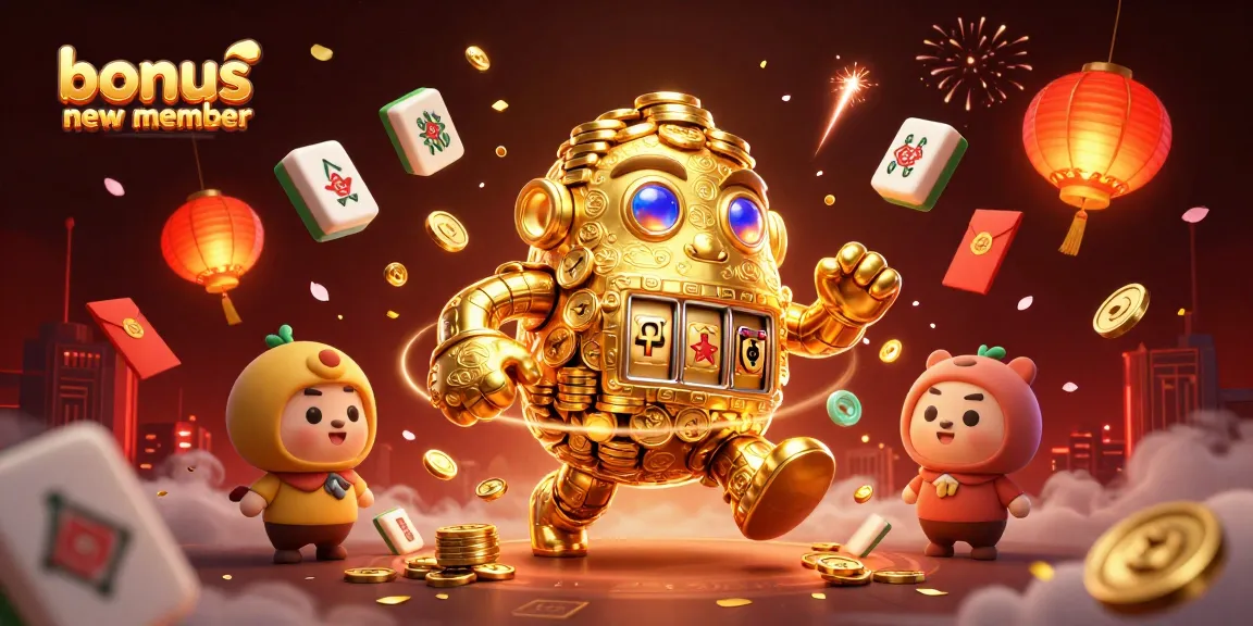Melihat bonus anggota baru yang menarik dengan simbol-simbol slot dan elemen kasino berkilau.