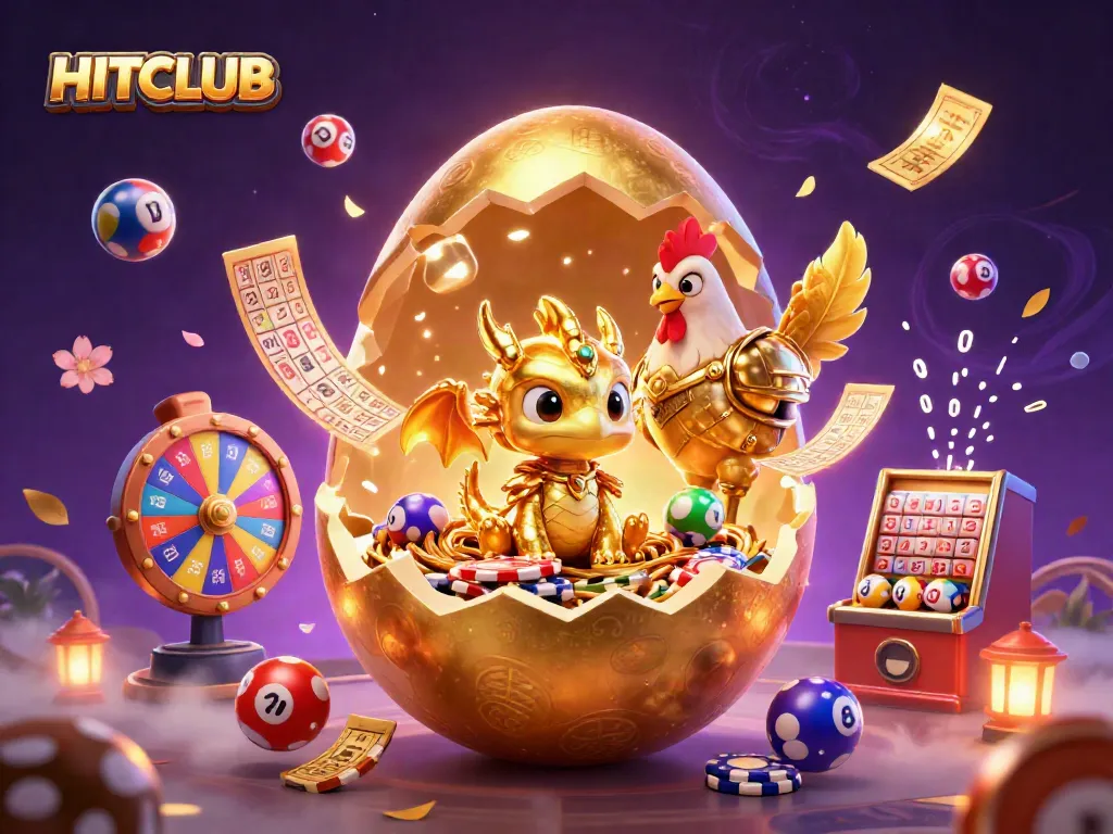 Engage in thrilling gaming experiences with HITCLUB's unique golden dragon mascot and vibrant casino elements.
