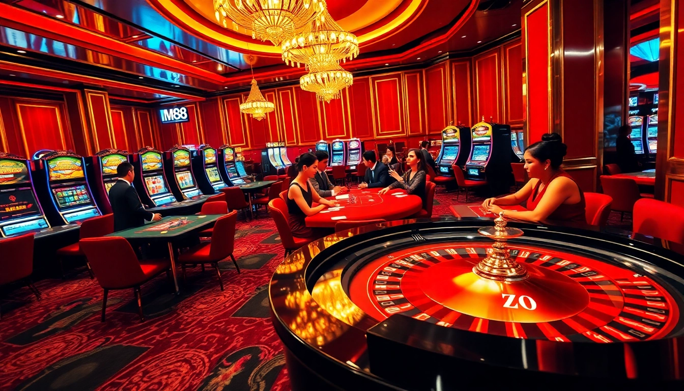 Captivating casino scene showcasing MM88 ZO with poker players and roulette tables.