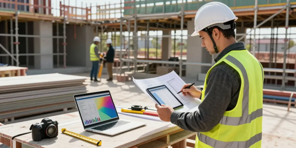 Construction cost estimator reviewing blueprints on a construction site.