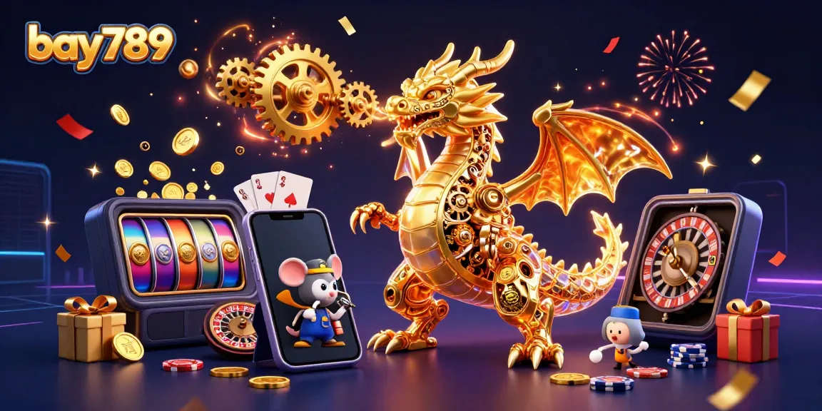 Experience excitement at bay789 with a golden dragon and animated gaming elements.