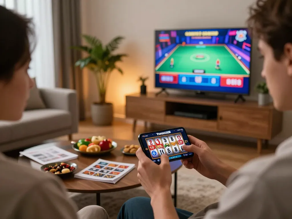 Twin68 player engaging with slot reels on smartphone in a stylish home gaming setup.