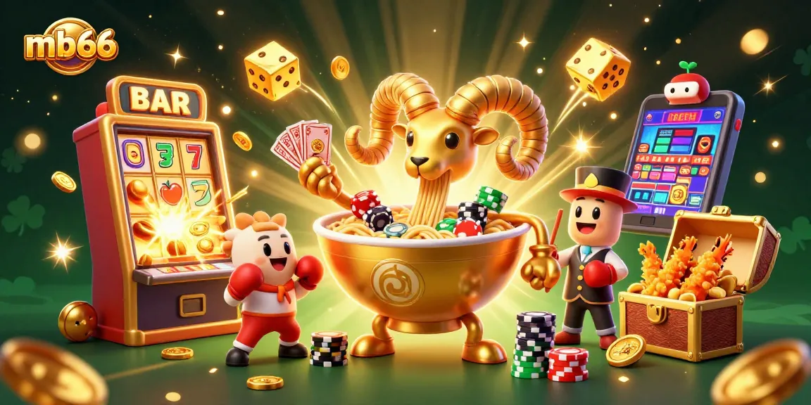 mb66 ignites excitement at the casino with dynamic 3D illustration of a golden ramen bowl dealing cards and stacking chips.