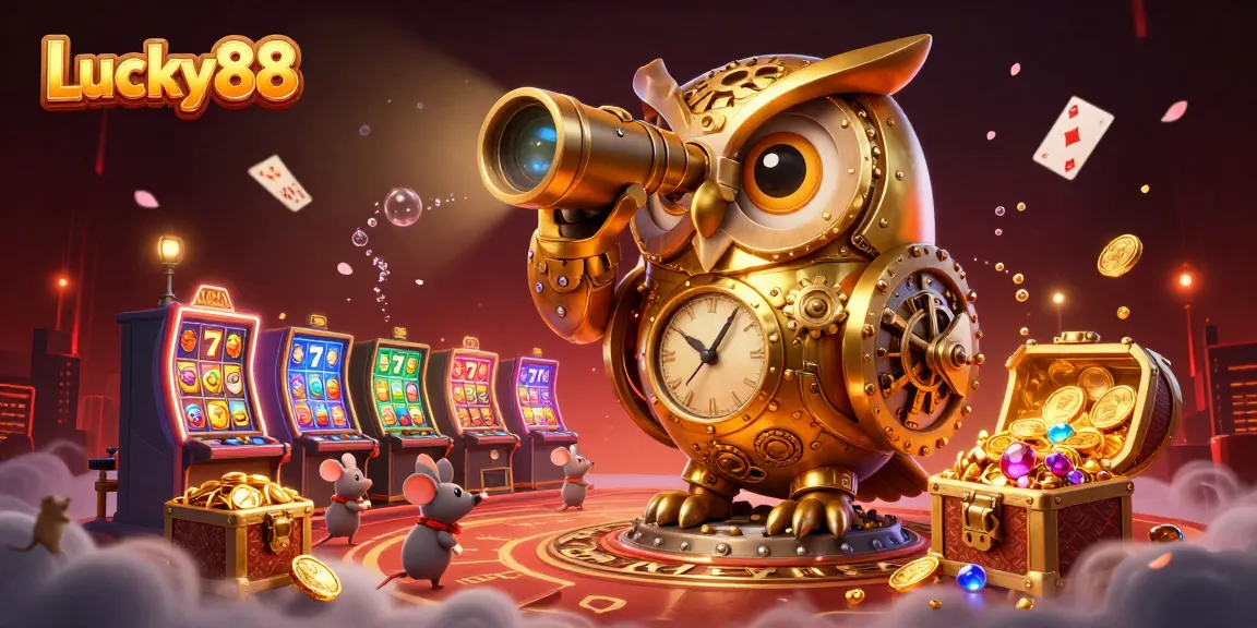 Experience the thrill of Lucky88 with a lively casino scene featuring vibrant slots and charming characters.