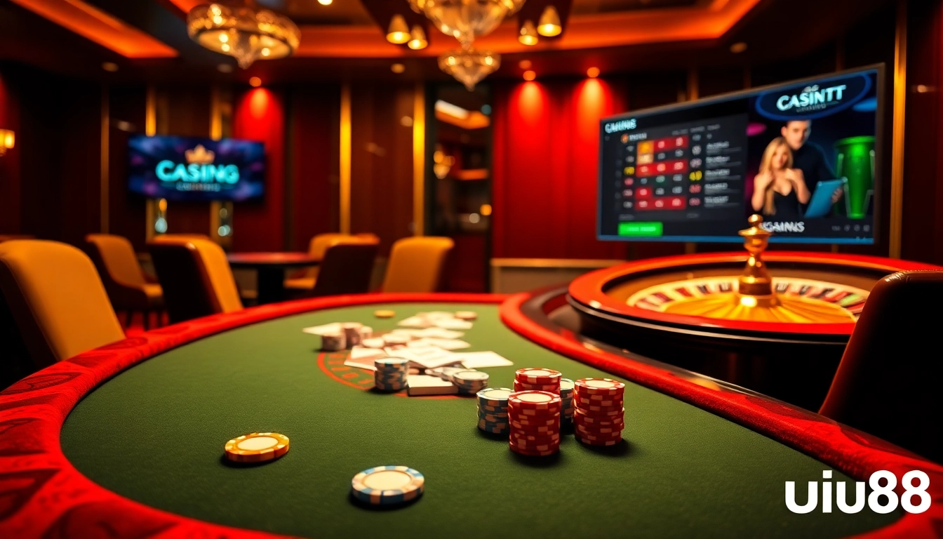 Engage with the thrill of uu88 đăng nhập at a vibrant poker table in a luxurious casino setting.