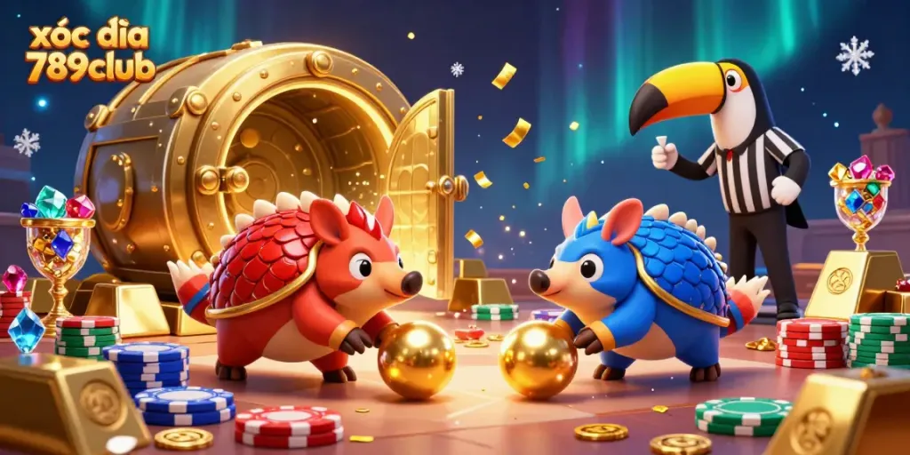 Experience exciting gameplay with xóc đĩa 789club as rival pangolins compete amid golden treasures and colorful poker chips.