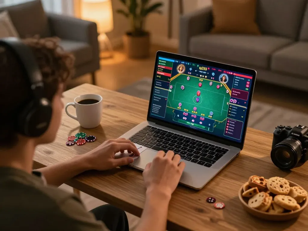 Engaging in poker gameplay on BL555's online platform during an exciting home session.