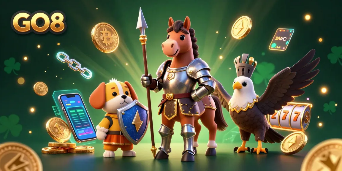 Engage with GO8 through a vibrant 3D casino scene featuring a knight and charming characters amid digital gambling elements.