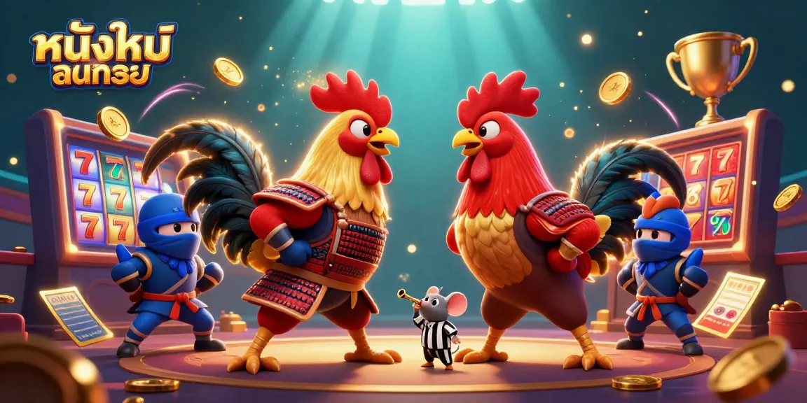 Engage with thrilling หนังใหม่ชนโรง illustrated by twin roosters in combat, showcasing swirling slot reels.