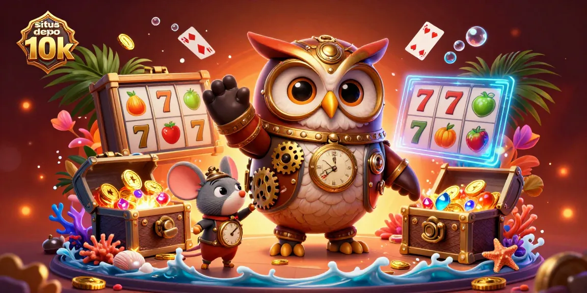 Splash into the excitement of situs depo 10k, as characters explore vibrant slot games amidst a treasure-filled scene.