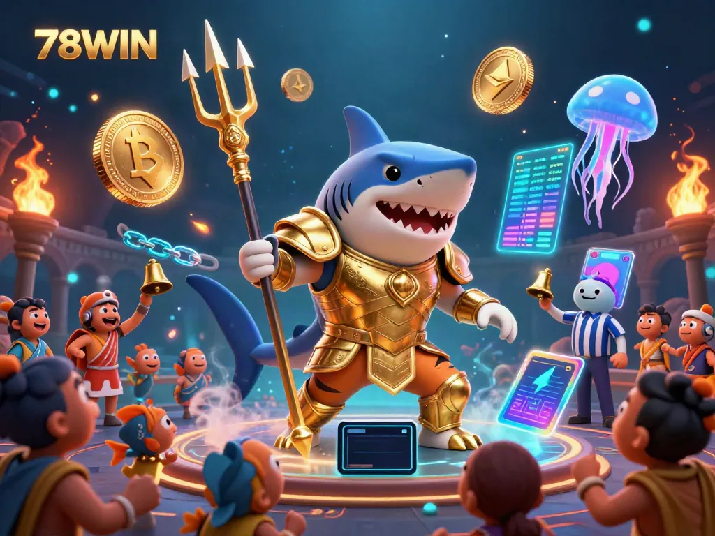 Join the thrilling underwater world of 78WIN where a golden shark warrior commands a spirited colosseum filled with cheering fish.
