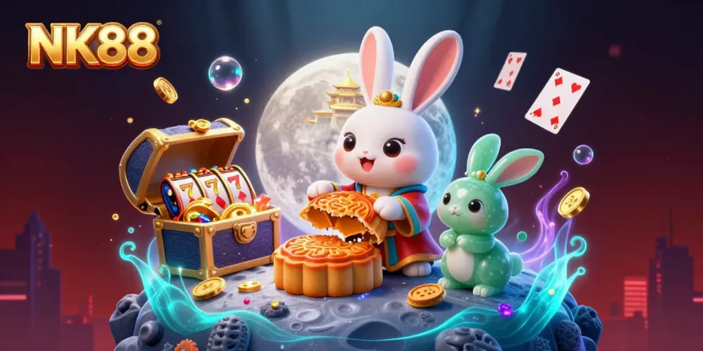 Engage with the vibrant NK88 casino scene featuring animated moon rabbit and golden treasures.