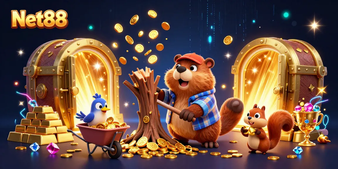 Engage with Net88 and win big in this vibrant 3D casino scene filled with treasures.