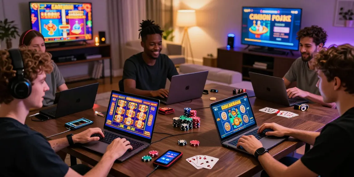 Engaged players exploring non UK casinos on laptops and tablets amidst vibrant gaming graphics and exciting promotions in a cozy gaming lounge atmosphere.