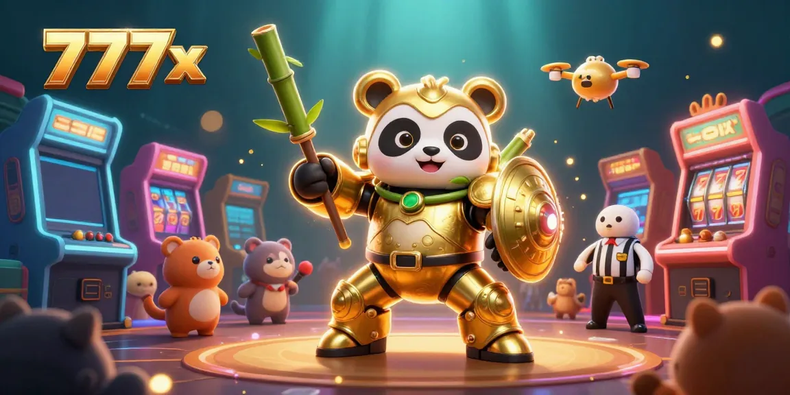 Engage in thrilling gaming action with 777x's vibrant casino-themed 3D illustration of a golden panda robot surrounded by exciting elements.
