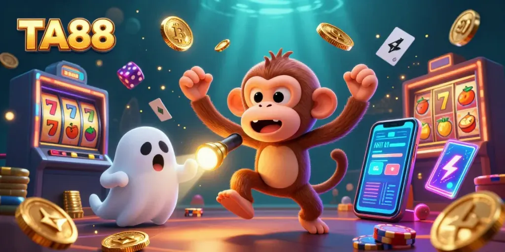Engage in gaming thrills with TA88 as a playful monkey juggles casino treasures in an exciting and colorful environment.