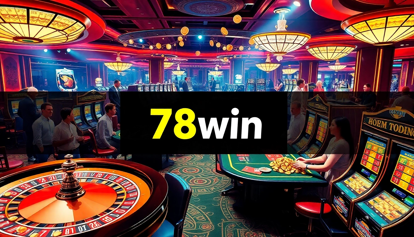 78win casino scene showing players engaged at roulette and poker tables with vibrant slot machines in the background.