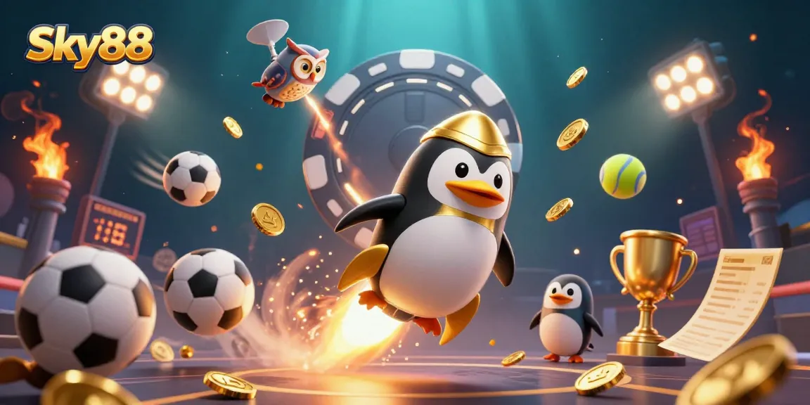 Engage in thrilling betting at Sky88 with a vibrant casino-themed 3D illustration filled with action and excitement.