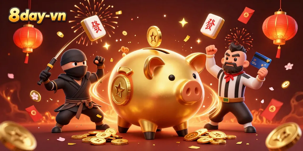 Celebrate at 8day-vn with vibrant casino elements featuring characters and golden coins.