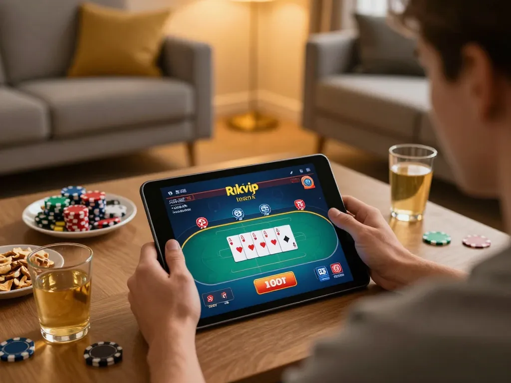 Player enjoying Rikvip on tablet in cozy home setting, showcasing online gambling entertainment