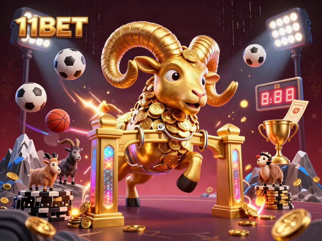 Bet and win with 11BET in an exciting casino scene featuring a golden ram and sports elements!