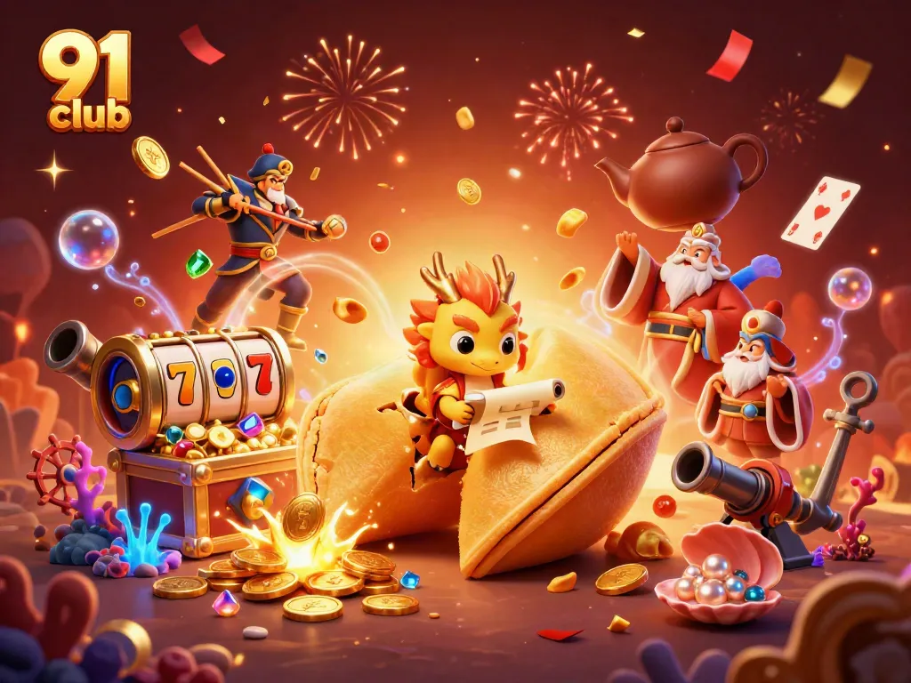 Experience the thrilling 91 club gaming atmosphere with vibrant characters and golden treasures.