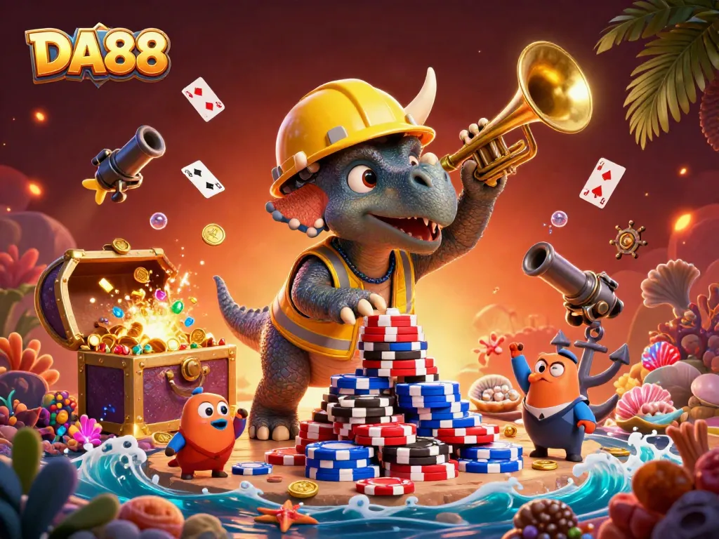 DA88 offers exciting gaming moments with a vivid 3D illustration showcasing vibrant casino elements.