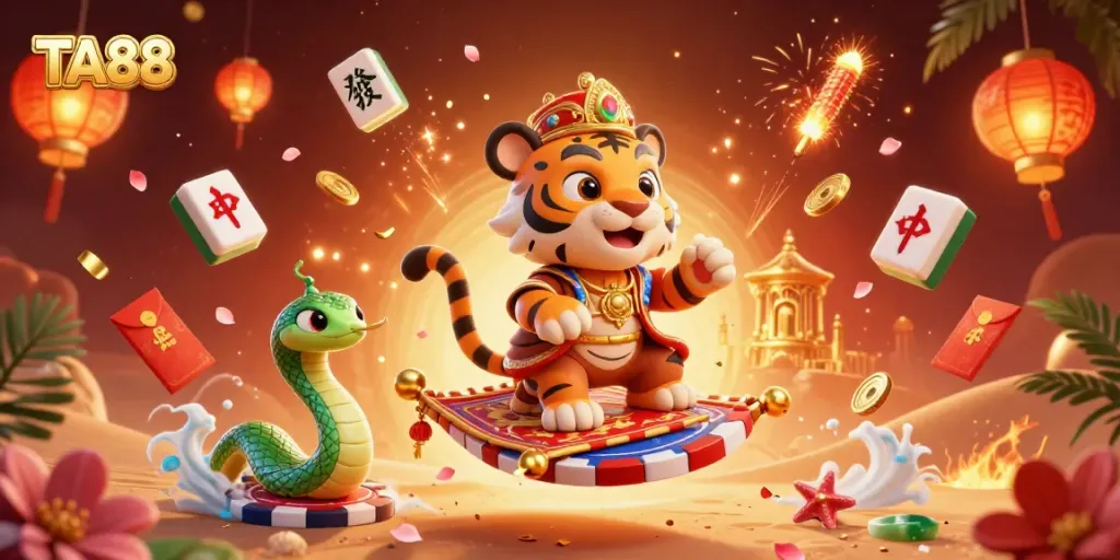 Win big at TA88 with a vibrant casino scene featuring an Arabian Nights-themed tiger sultan and magical elements.