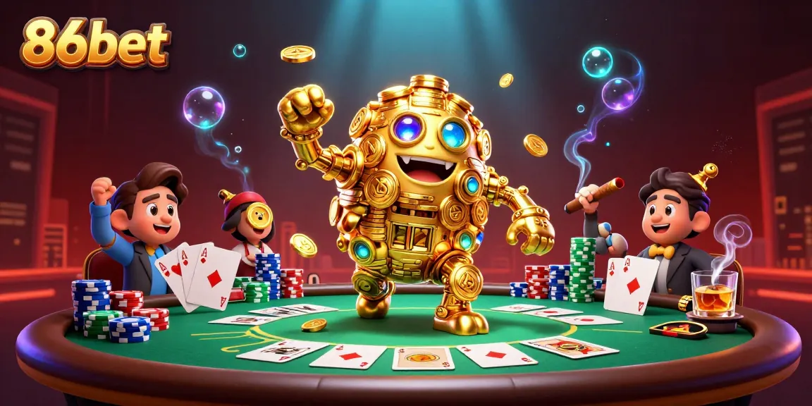 Experience dynamic gaming action with 86bet's colorful casino scene featuring golden golems and poker elements.