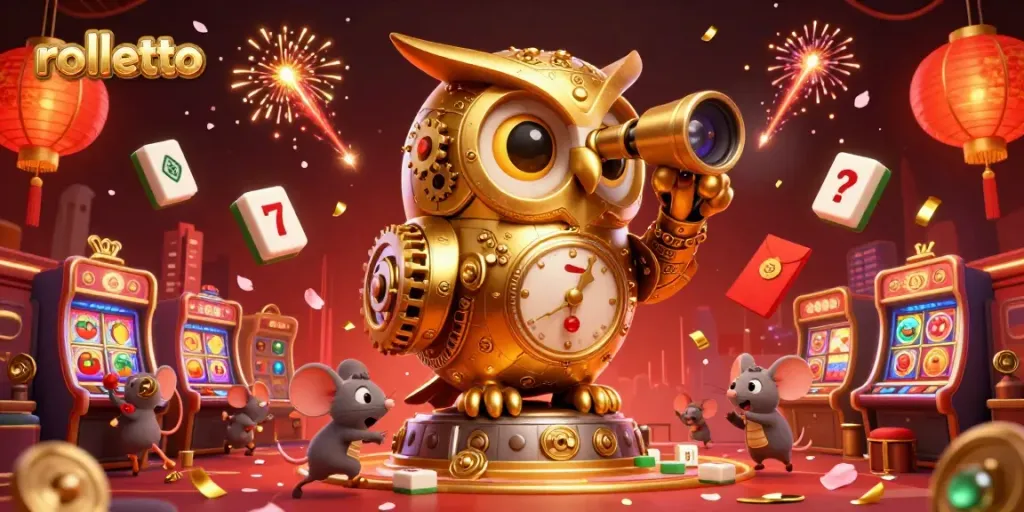 Experience rolletto's vibrant online casino scene with a golden owl, slots, and festive elements!