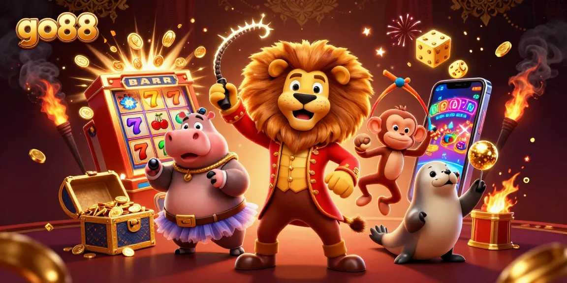 Experience thrilling wins with go88’s vibrant 3D casino illustration featuring a lively circus theme.