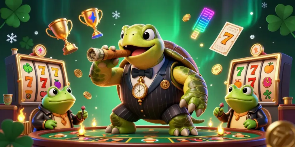 Spin to win with lucky8's vibrant casino scene featuring a turtle in a mobster suit and dynamic slot elements.
