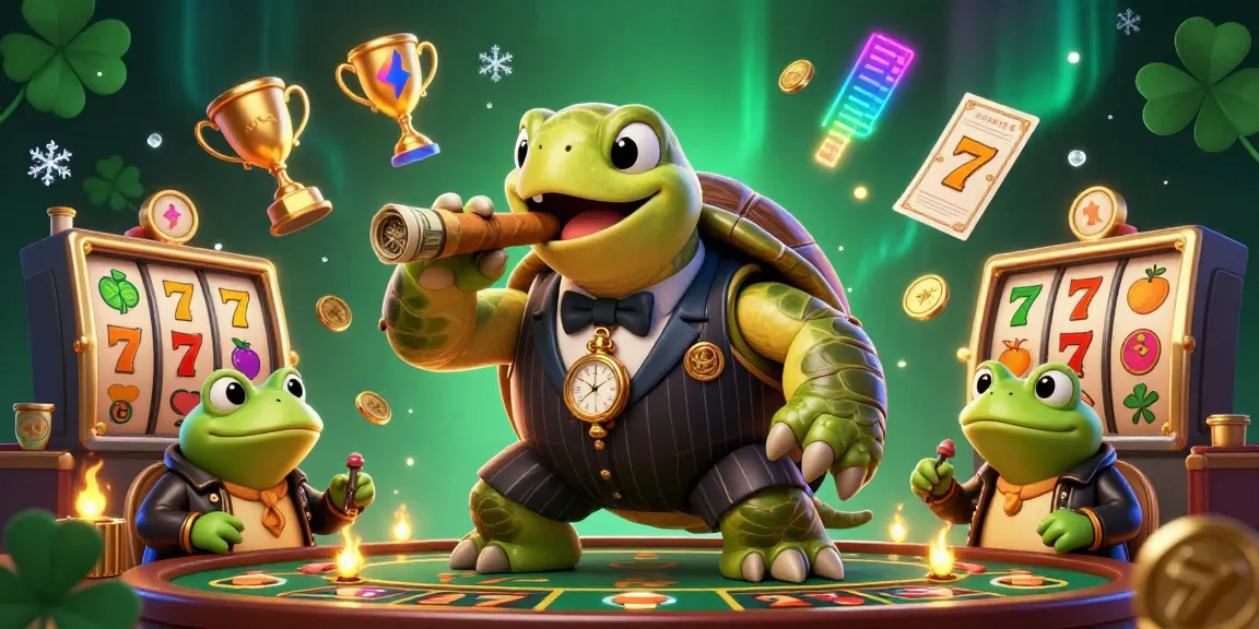 Spin to win with lucky8's vibrant casino scene featuring a turtle in a mobster suit and dynamic slot elements.