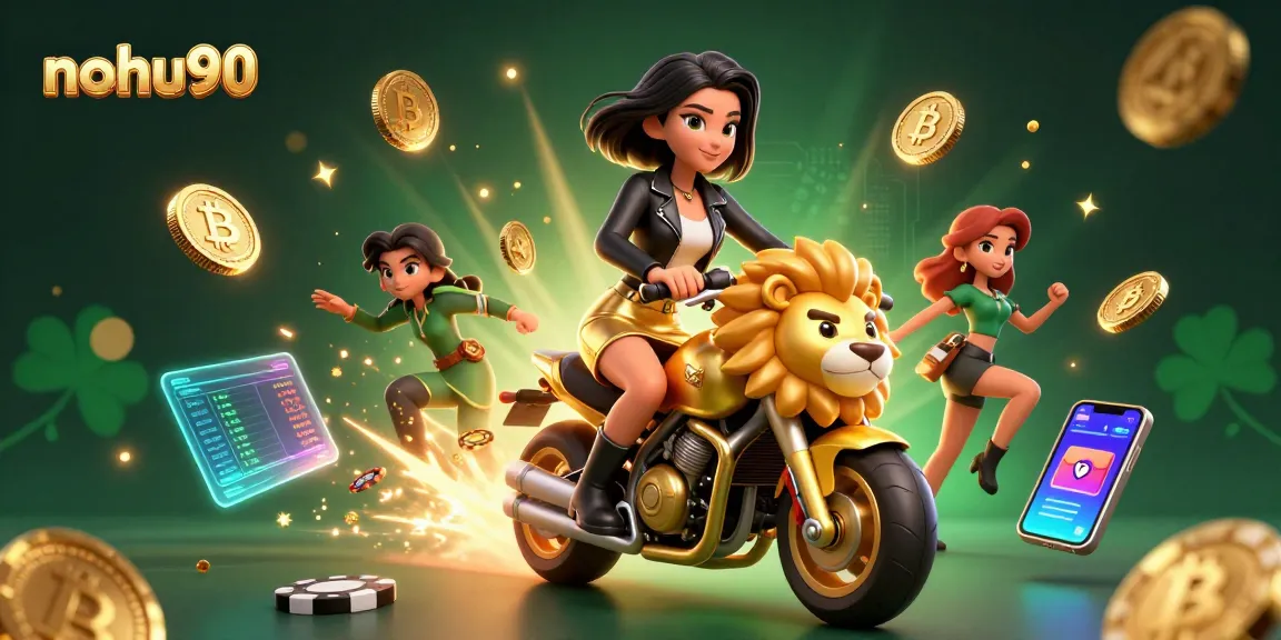 Nohu90 showcases an Asian woman riding a golden lion mascot, surrounded by Bitcoin, Ethereum, and vibrant casino elements.