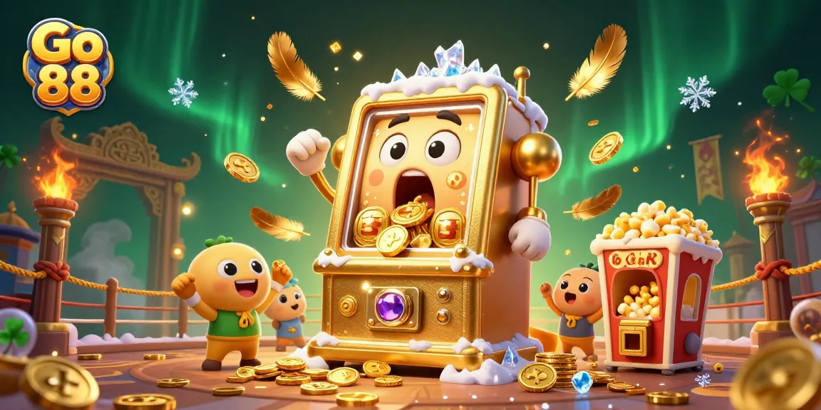 Engage with Go 88's thrilling slots as golden coins cascade from a slot machine's jackpot, creating a vibrant gaming atmosphere.