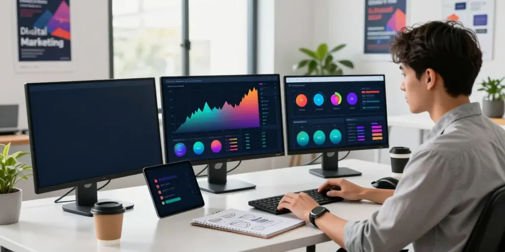 Marketer analyzing instant indexing data on multiple screens in a vibrant workspace