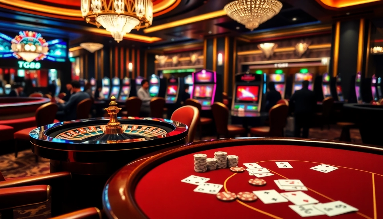 Excitement at the TG88 casino with vibrant slot machines and a polished gaming table.