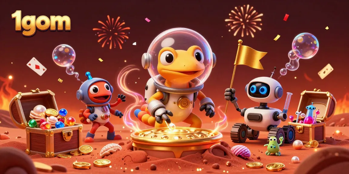 Engage with the excitement of 1gom's vibrant casino scene featuring a Martian gecko and treasure.