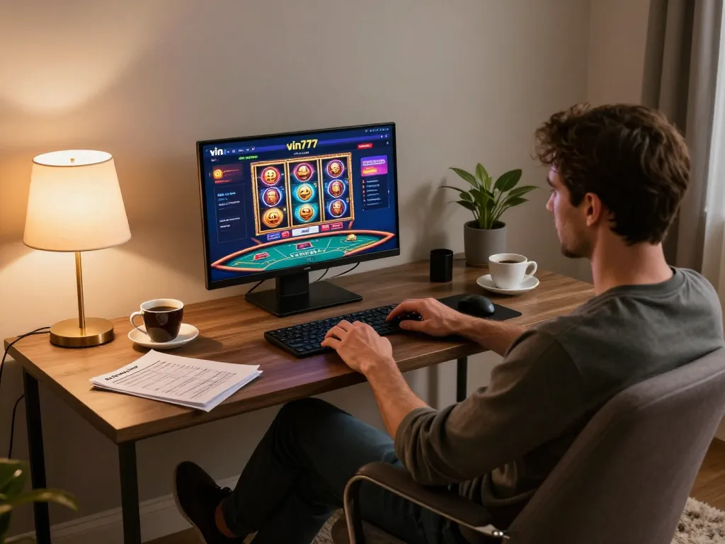 Engaging in online gaming with vin777, showcasing a dynamic laptop display and cozy atmosphere