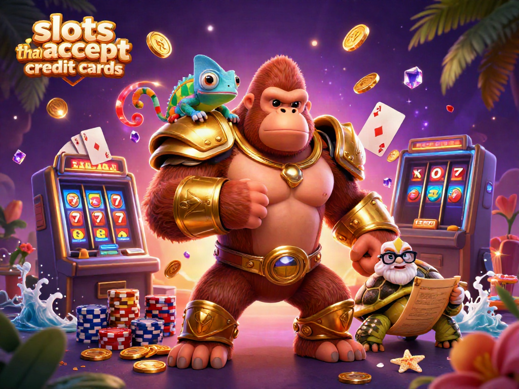 Engaging 3D scene with a gorilla king, chameleon, and tortoise illustrating slots that accept credit cards amidst vibrant casino elements.