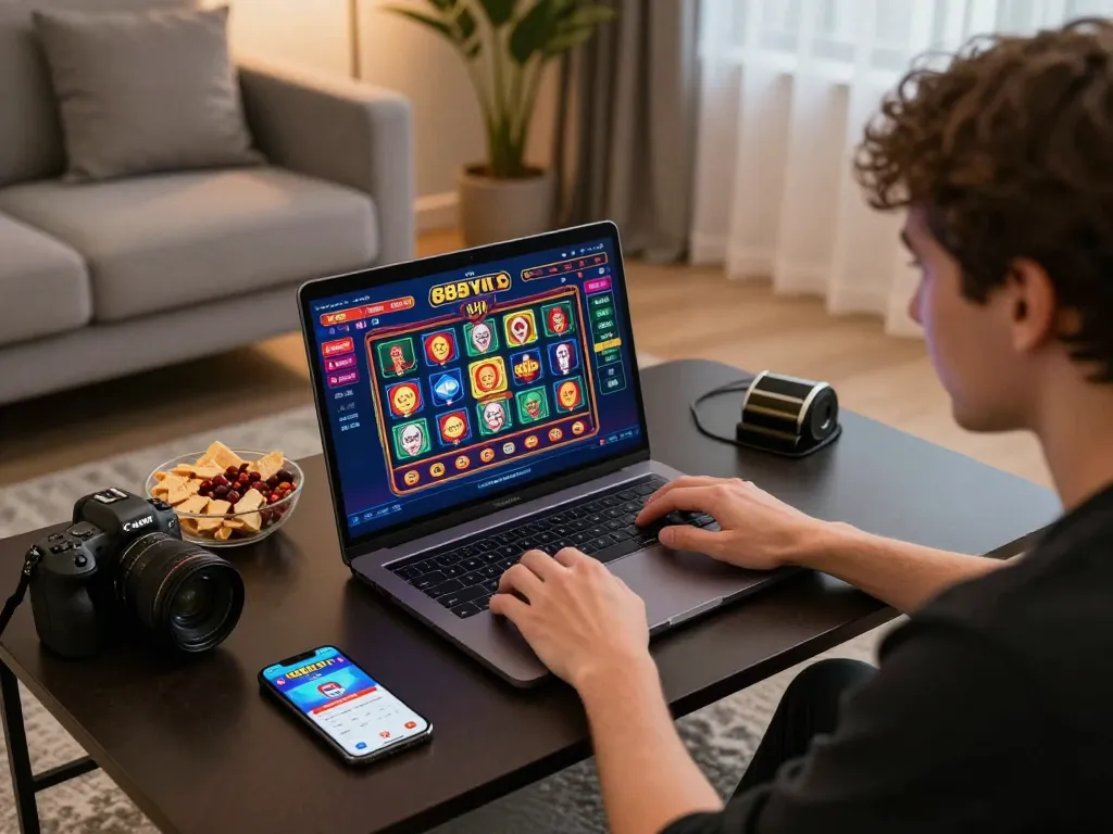 Excited gamer using the 888b app on laptop during online gambling session