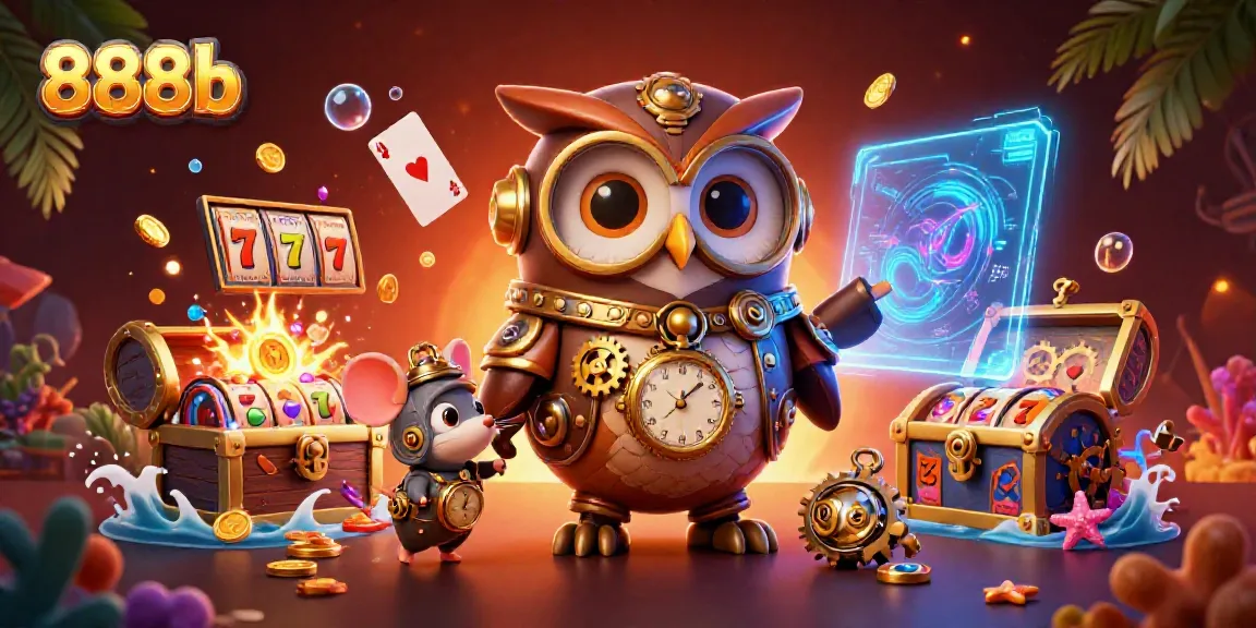 Engage with 888b's steampunk-themed time-traveler owl amid vibrant casino game elements and underwater treasures.