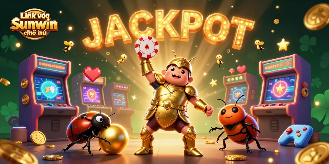 Win with Link vào Sunwin chính thức featuring a heroic beetle and dazzling casino elements.