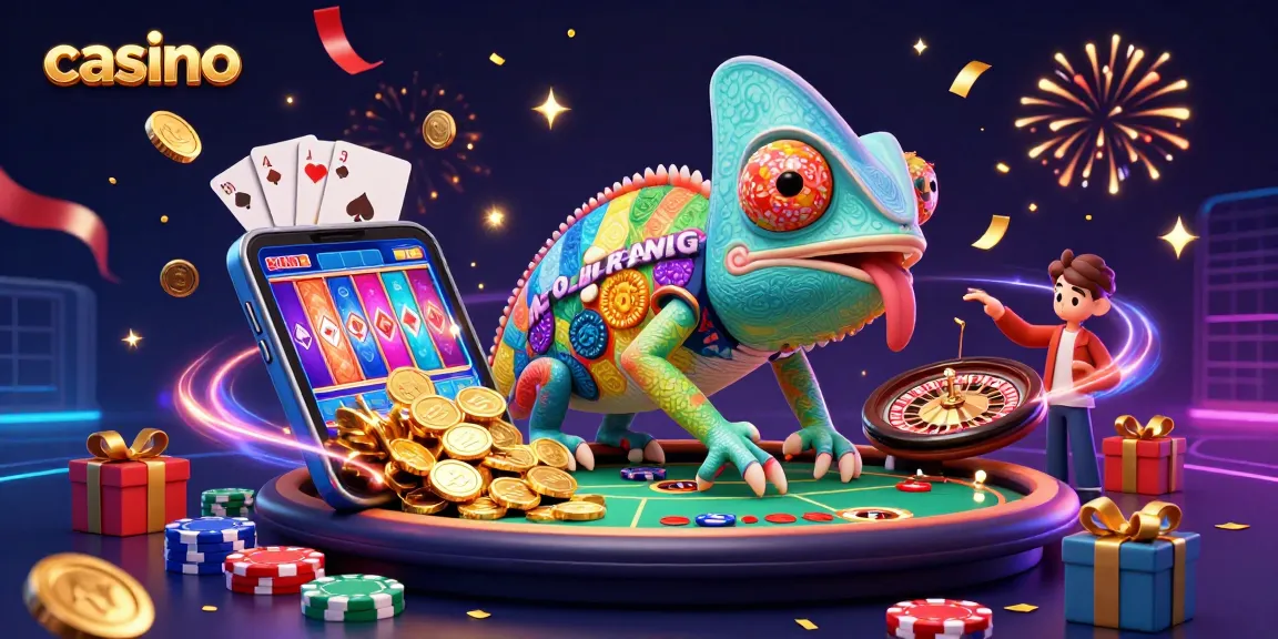Engage with the vibrant casino experience as colorful coins and game elements burst forth.