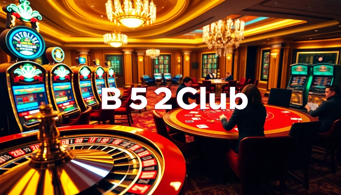 Engaging scene of players at B52Club casino with roulette wheel, poker tables, and vibrant slot machines.