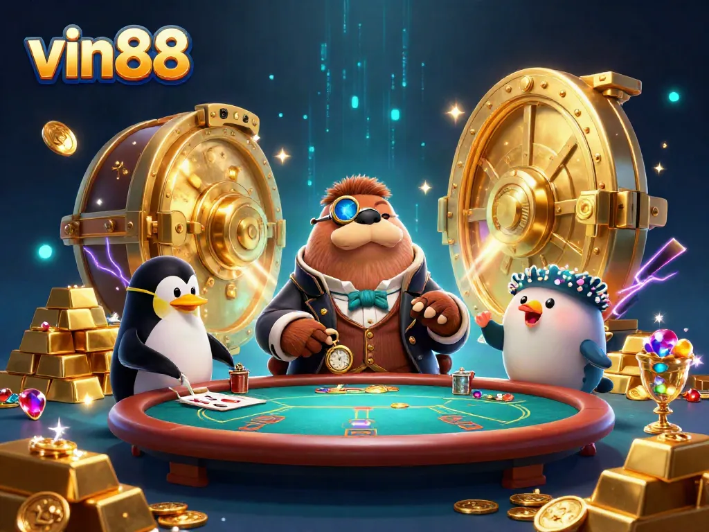 Watch the playful walrus, penguin dealer, and pufferfish player enjoy casino fun at vin88's vibrant poker table.
