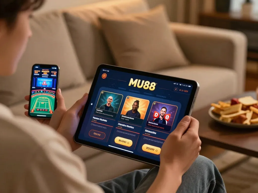 Player enjoying the MU88 casino app, demonstrating strategic online gambling in a cozy home.