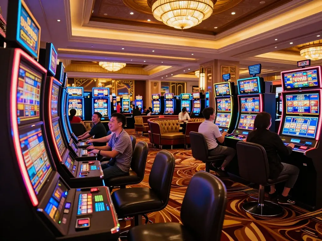 Enjoying vibrant slot machines at sunwingo casino, players celebrate wins amidst colorful lights.
