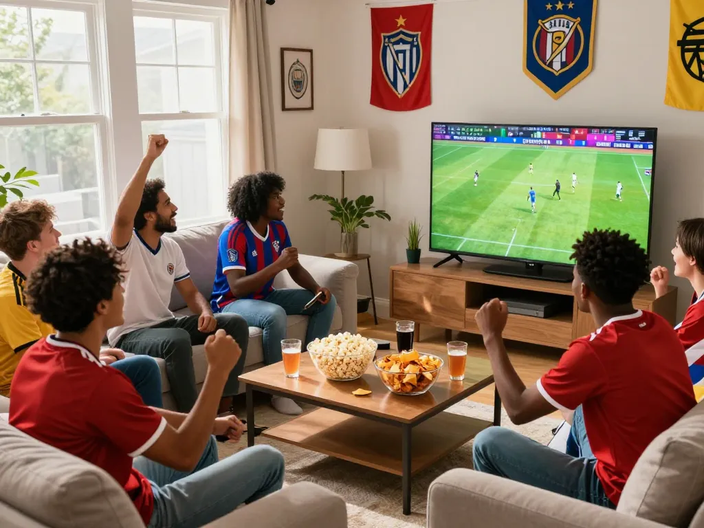 Friends cheering for their teams while following live soccer scores on Nowgoal during a watch party.