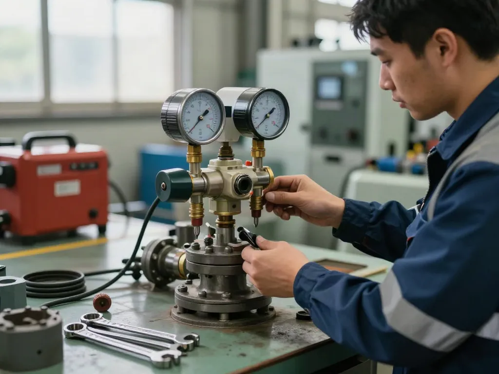 Mechanical pressure switch manufacturer in an industrial workshop with an engineer calibrating equipment.